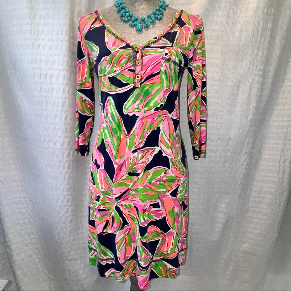 Lilly Pulitzer 3/4 Sleeve Dress 2014 EUC Pink Blue Green 100% Cotton Sz S